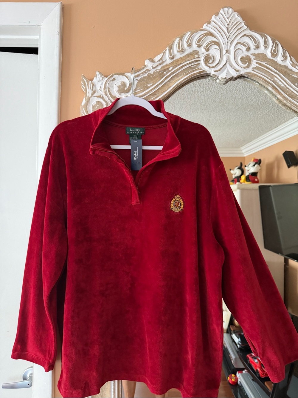NEW Ralph Lauren, Red Velour Quarter-Zip Pullover with Lauren Logo Crest